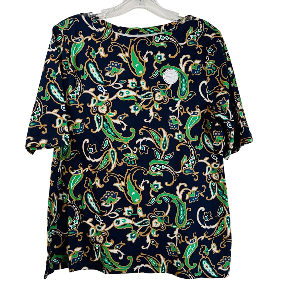 Charter Club Luxury Pima Cotton Paisley Print Top Navy Green Gold Large
